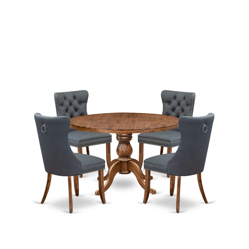 5-piece Dining Room set included a Kitchen Table and 4 Platinum Gray Polyester fabric Dining Room Chairs with Button Tufted Back - Antique Walnut Finish