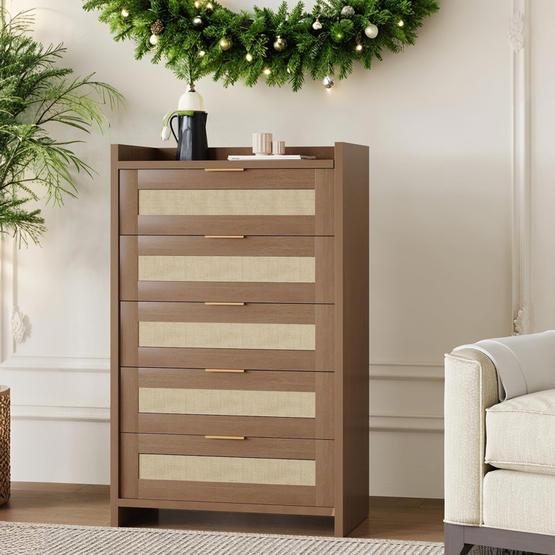 Boho 5 Drawer Dresser, Tall Chest of Drawers with Handles & Open Shelf, Clothes Storage Cabinet for Bedroom, Hallway, Nursery, Living Room