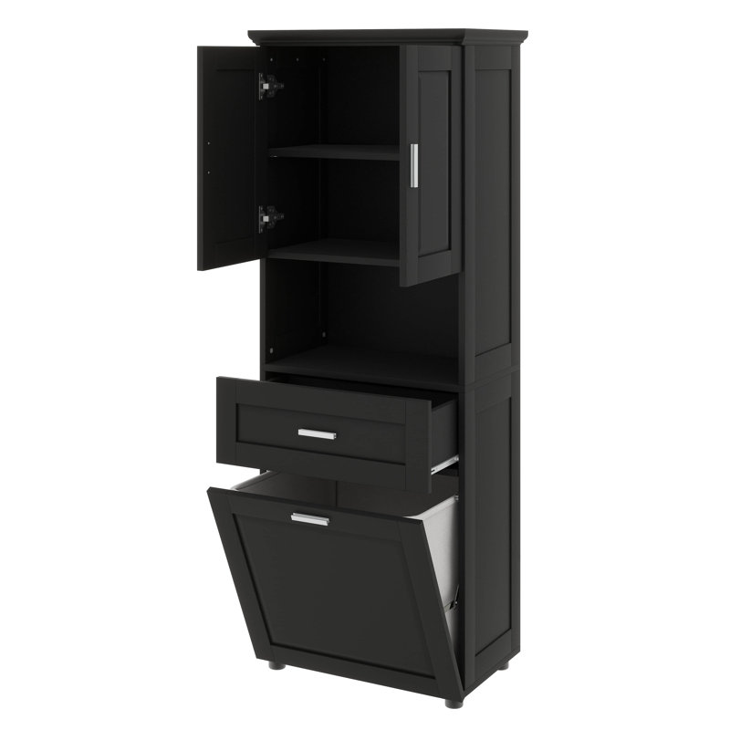 High Bathroom Cabinet With Laundry Hamper Doors And Open Storage Upper Cabinet For Bathroom, Black
