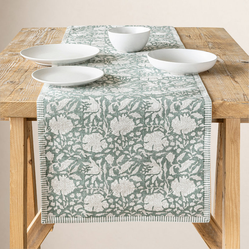 over&back Hand-Blocked Printed Cotton Table Runner, 18" W x 108" L, Green Floral