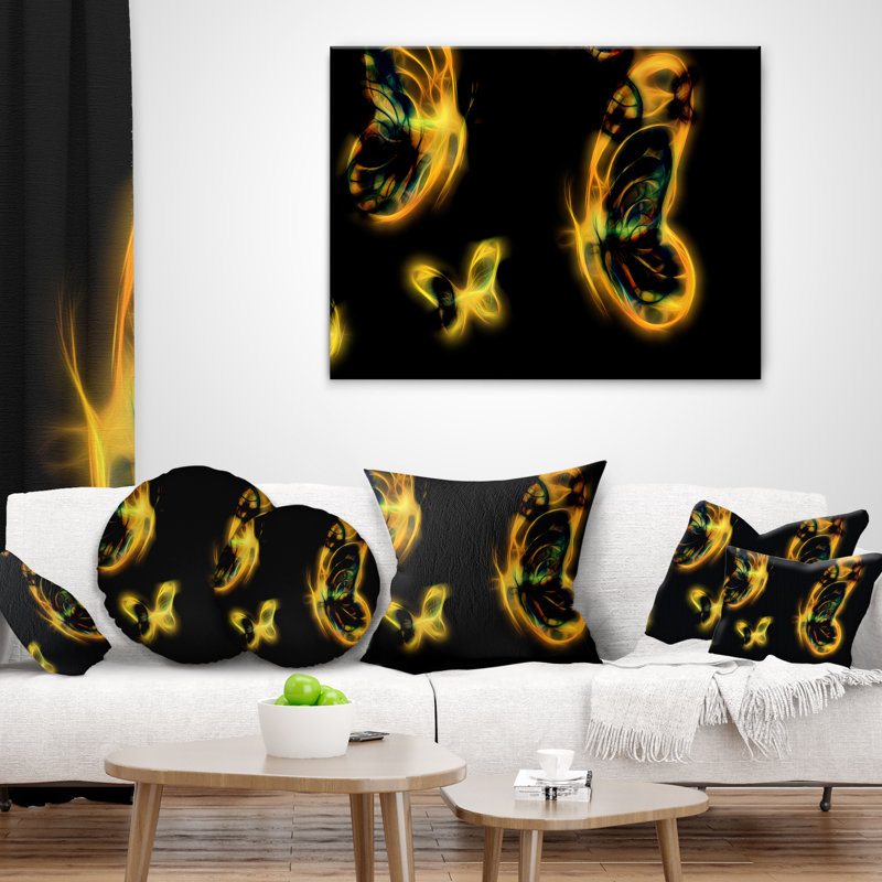 Coussin jaune imprimé floral sur fond noir, 16 po x 1 po, Coussin décoratif