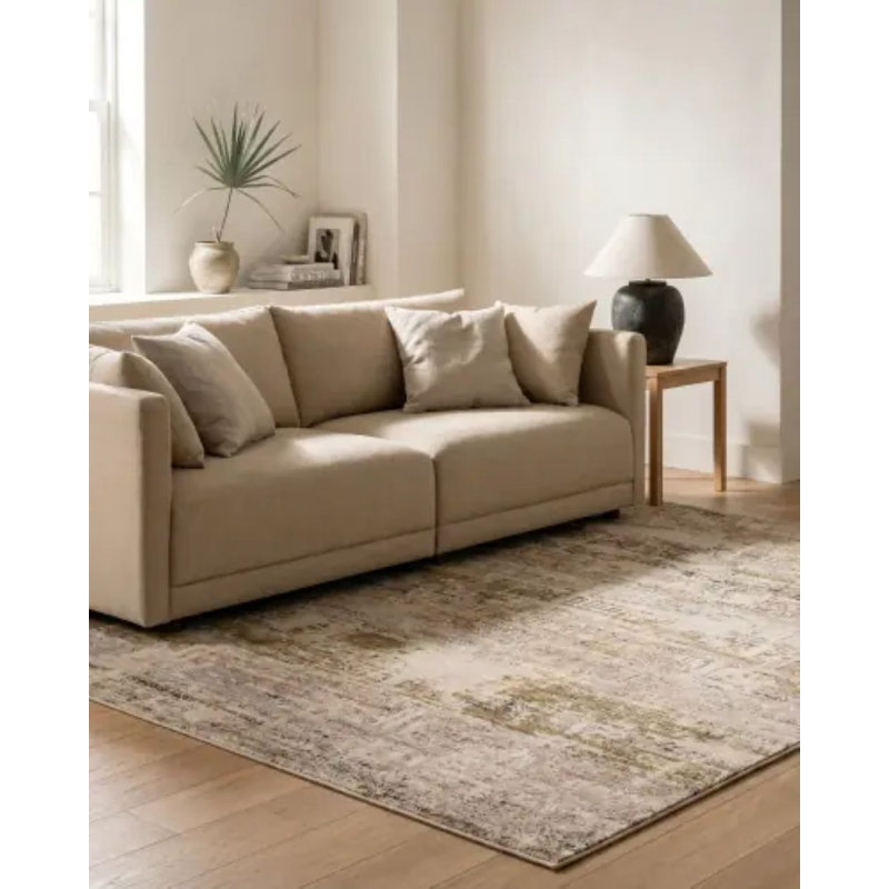 Wahnetta tissé à la machine, Ivory/Cream/Black/Brown/Green, Rectangle 6'7" x 9'