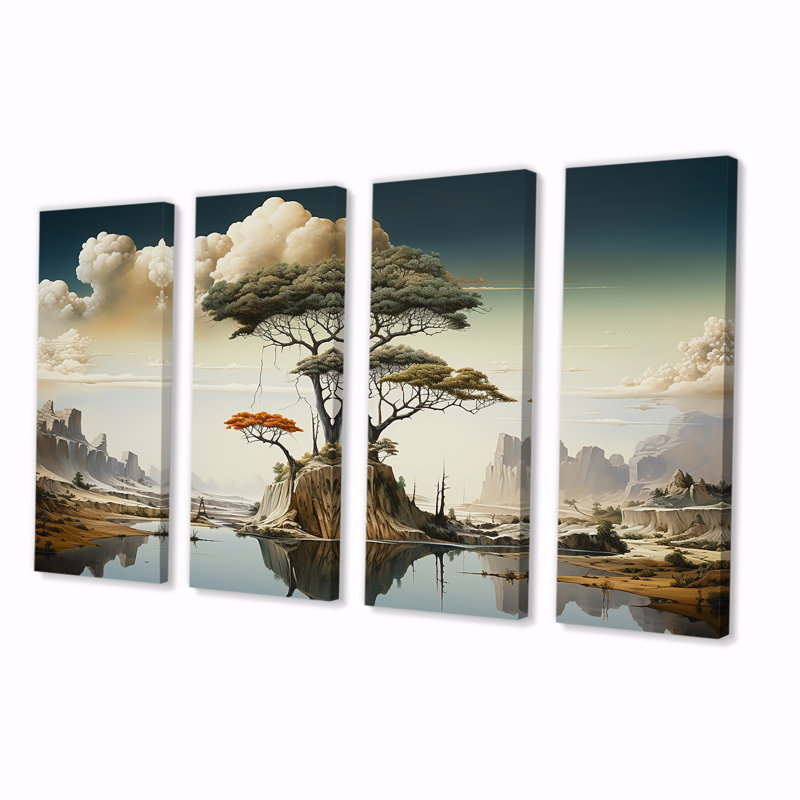 «Surréalisme arbre paysage I», art abstrait 4 pièces, H 32 po x l 64 po