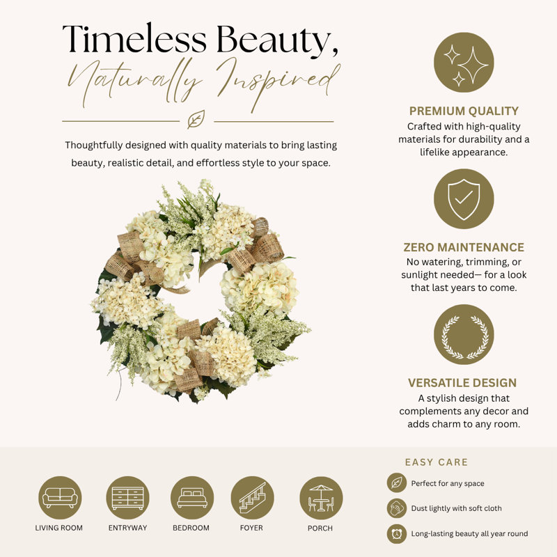 23" Hydrangea And Heather Wreath With Bows