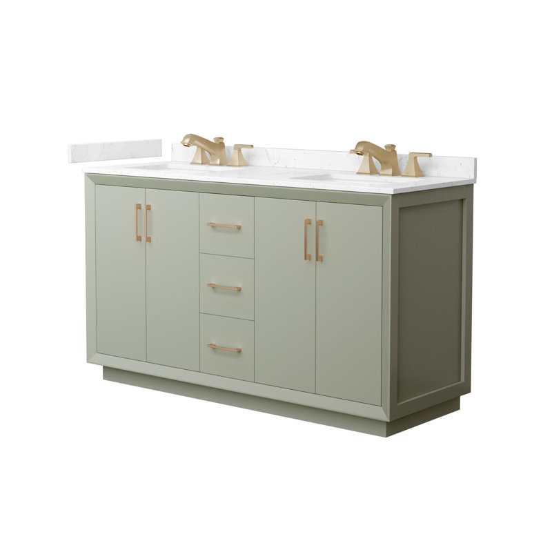Strada Freestanding Double Bathroom Vanity with Cultured Marble Top, Green, Brushed Nickel, 60" W