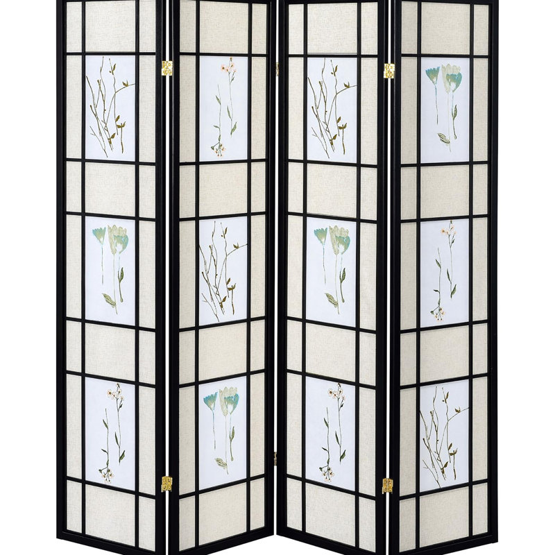 Paravent en pin avec motif floral - cadre noir