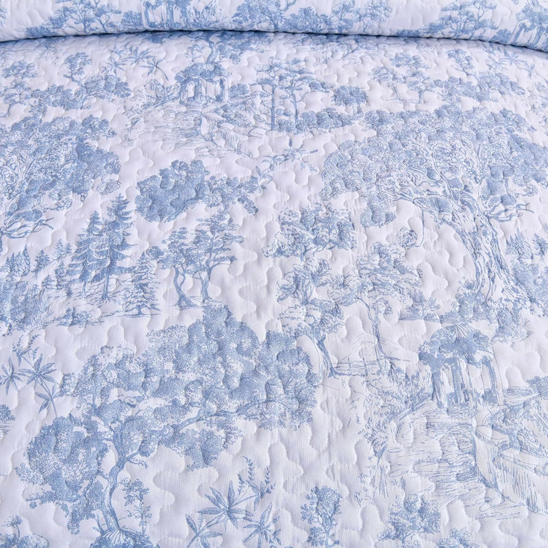Ensemble de courtepointe à motif de plantes 3 pièces Botanical Toile, Courtepointe très grand et 2 très grandes taies, Bleu