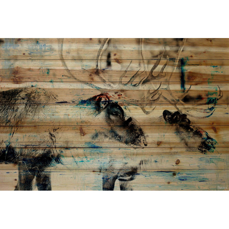 « conversating cerf » par parvez taj,, reproduction d’art sur bois de pin naturel, H 30 po x l 45 po x P 1,5 po