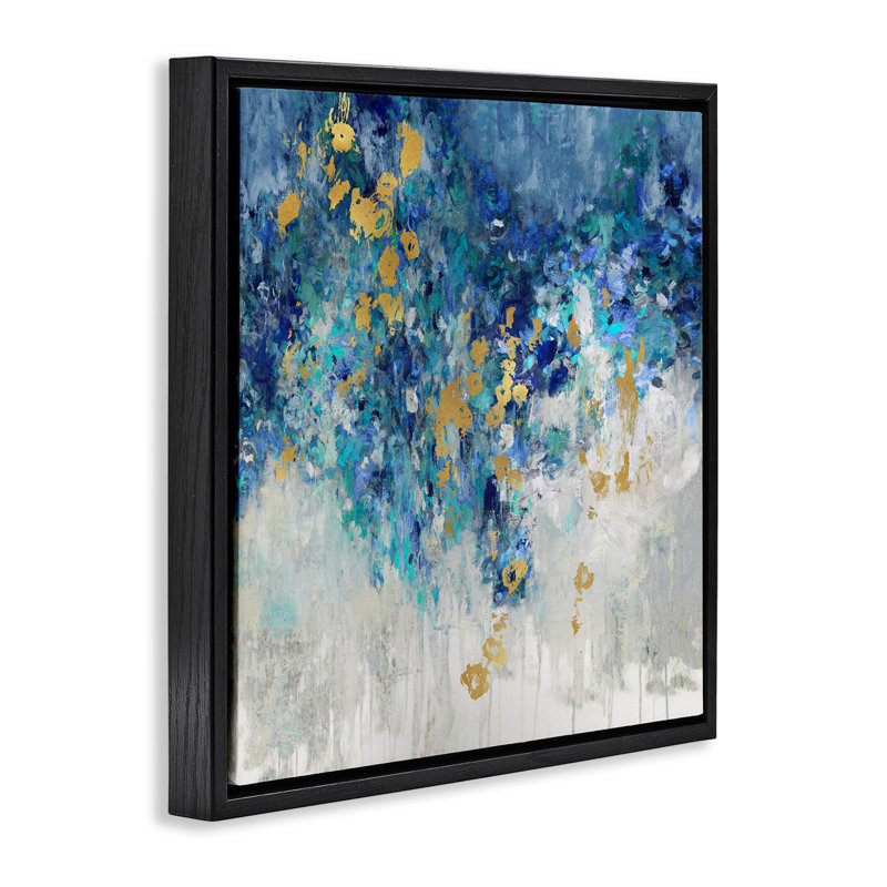"Abstract Blue Gold", peinture encadrée sur toile flottante par Nikki Robbins, Cadre flottant noir de jais, H 18 po x l 18 po