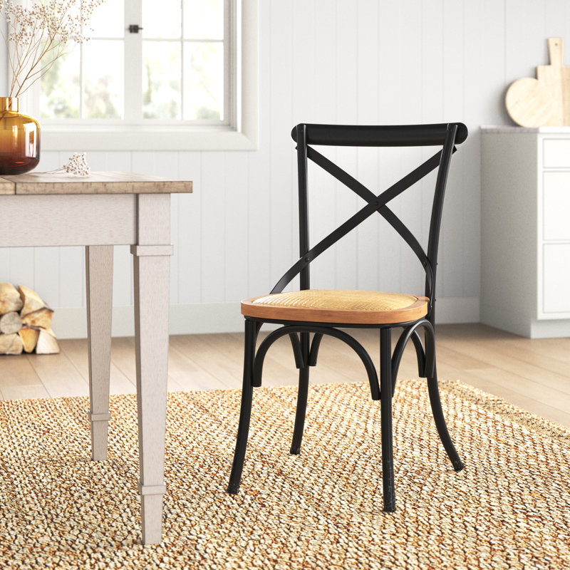Metal White Dining Chair with Brown Rattan Seat, Black