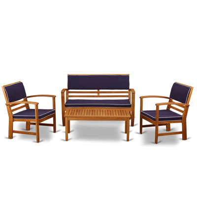 L'ensemble de canapé bistro 4 pièces pour patio comprend une table bistro d'extérieur rectangulaire en bois d'acacia et des coussins toutes saisons, 19 x 38 pouces, huile naturelle