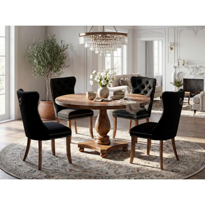 5-Piece Modern Dining Table Set with Polyester Fabric 4 Black upholstered chairs, Button-Tufted Backs, and a 54"Round Table in Antique Walnut Finish.