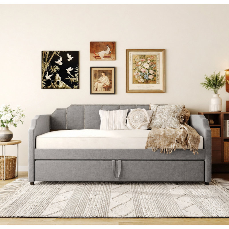 Lit de jour rembourré avec couchette escamotable et ports de charge USB, Gris