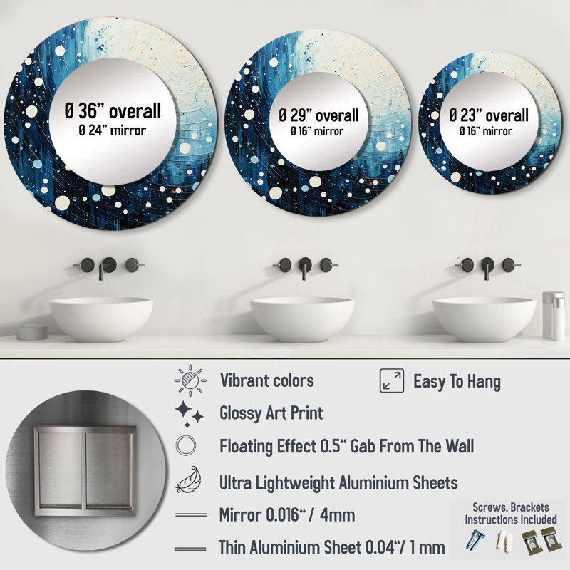 Teal White Mid Century Minimalist Rain I - Minimalism Mirror, Modern Round Decorative Wall Mirror, Printed Metal Art