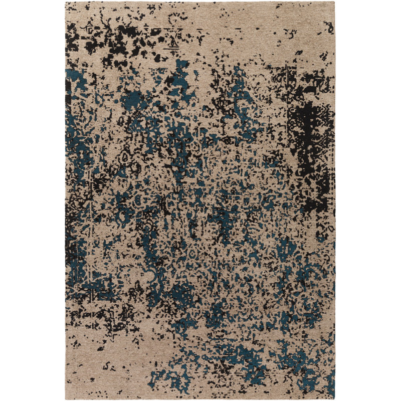 Tapis bleu sarcelle / gris foncé tissé à plat à la main Adney, Rectangle 4 pi x 6 pi