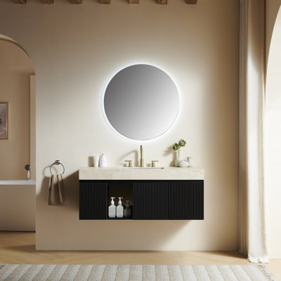 Meuble-lavabo de salle de bain 48 po EIDEN, meuble de rangement flottant, plateau en pierre frittée veiné or crème et lavabo en céramique avec 3 trous de robinet pré-percés, ensemble de robinet et de drain démontés NO, couleur noire
