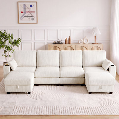  128" Modular Sofa with Seats Storage, Comfy U Shaped Chenille Fabric Couch for Living Room,Deep Seat,Beige