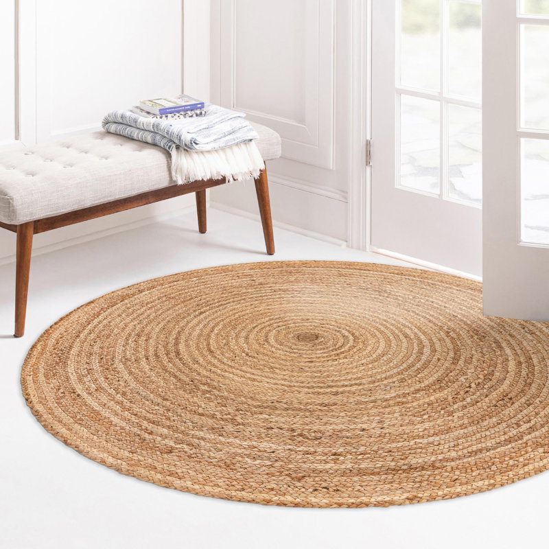 Tapis turgutreis tressé de couleur beige naturel, Rond 3 pi 3 po