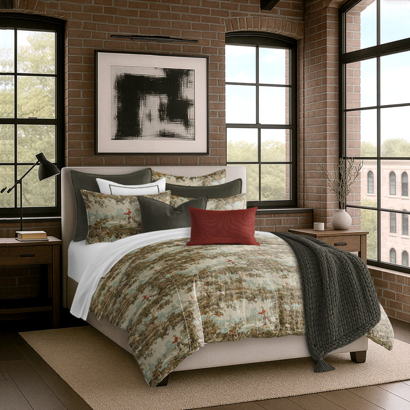 Greenwood Ivory/Red Linen Duvet Cover Set, California King Duvet + 2 King Shams