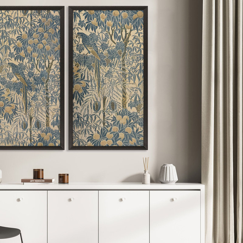 Exotic Elegance Blue and Beige Parrot Poster with Black Frame