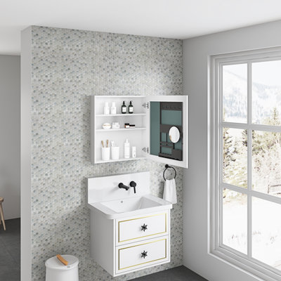 24''X26'' Bathroom Cabinet With Beveled Mirror - Right Opening, Spacious Storage, Engineered Wood, Gentle Hinges, White Appearance 24'' W X 26'' H Medicine Mirror, Door Abundant Silent