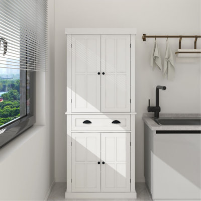 Armoire de rangement pour garde-manger de 71 po, avec 4 portes, tiroir, 2 tablettes réglables, armoire autoportante pour le salon de la salle à manger, buanderie - blanc