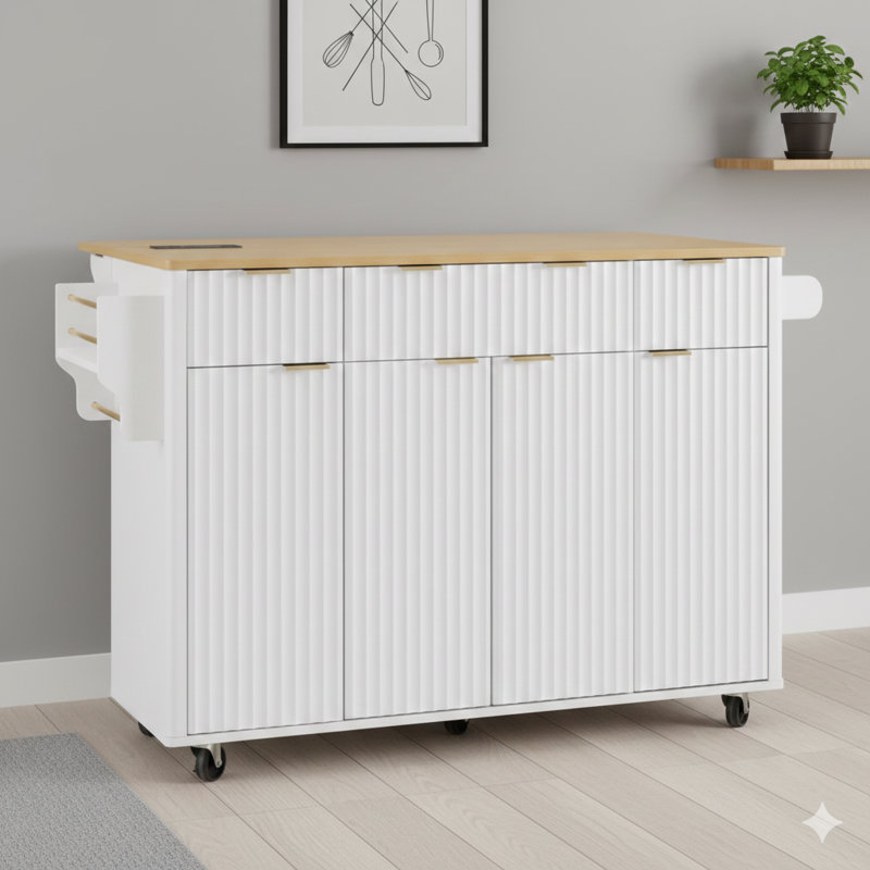 Îlot de cuisine cannelé de 55,5 pouces avec rangement, surface rabattable, prise de courant, 4 portes d'armoire et 3 tiroirs