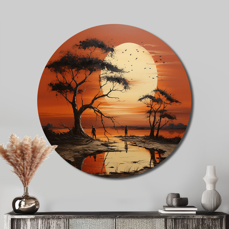 Coucher de soleil tribal africain I - art rond en métal, H 36 po x l 36 po