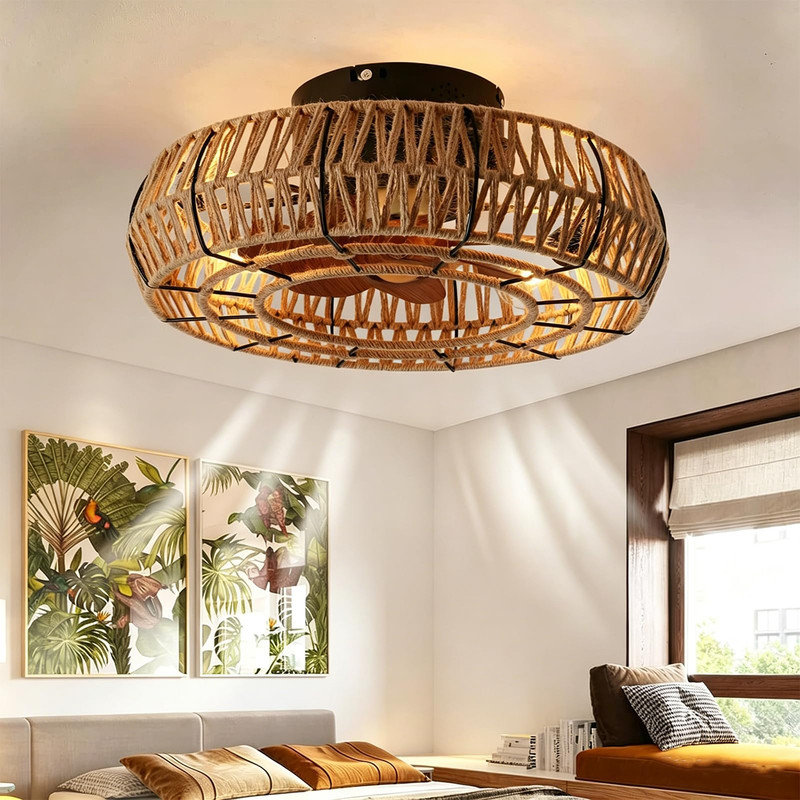 Ventilateur de plafond encastré en rotin de 20 po avec lumière, profil bas Fandelier avec télécommande, moteur réversible à 6 vitesses