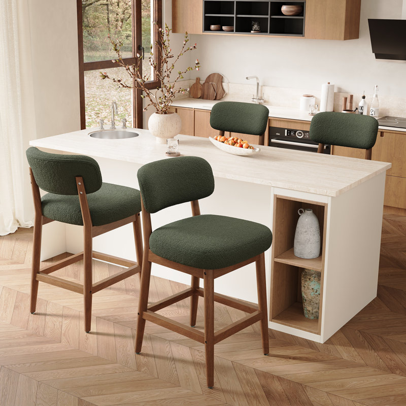 Tabourets de bar rembourrés à hauteur de comptoir avec pieds en bois massif Boucle, Green, set of 4