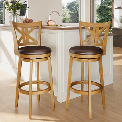 30" Farmhouse Upholstered Wood Counter Stool With K-shaped Back And Faux Leather (Set of 2)