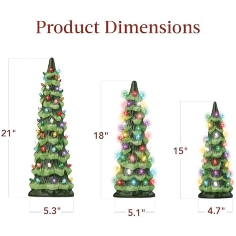 Ensemble de 3 sapins de Noël XL en céramique, pré-illuminés et peints à la main, décorations de table pour les fêtes avec ampoules multicolores et lumières DEL vertes.