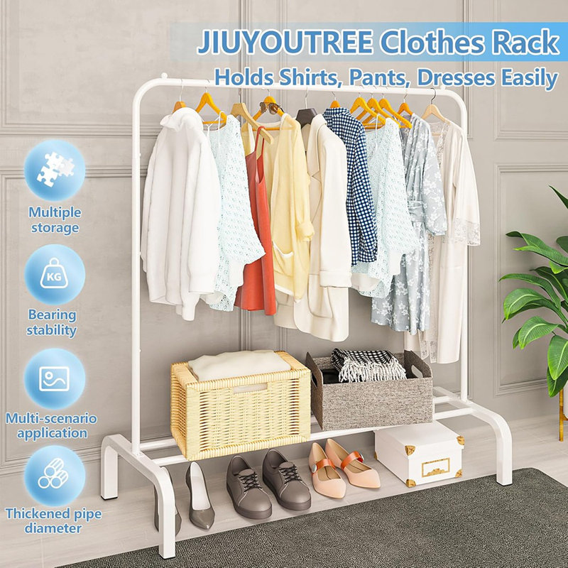 Portant à vêtements blanc en métal - Portant à vêtements autoportant avec tablette inférieure pour vestes, chemises, jupes et chandails
