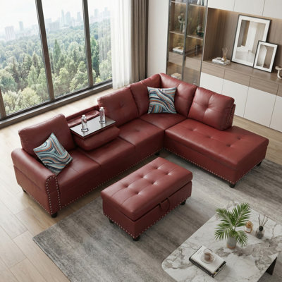 Canapé modulaire en similicuir rouge avec repose-pieds