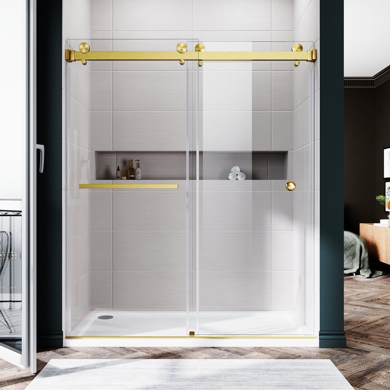 UKD01 56 to 60 in. x 72 in. H Frameless Double Sliding Shower Door with 3/8 in. (10mm) Clear Glass , Satin Brass