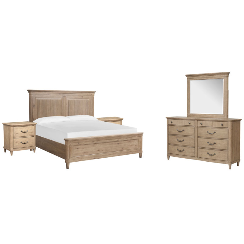 Très grand lit à panneaux 2 tables de chevet et commode double avec miroir, Très grand