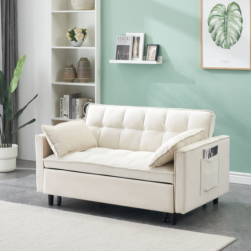 Lit escamotable en velours, coussins confortables, pour chambres d'amis, lit de salon convertible 3 en 1 beige, rembourrage en éponge, pieds en métal, 2