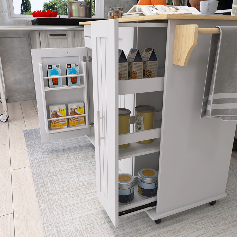 46" Rubber Wood Drop-Leaf Countertop Kitchen Cart With Internal Storage Rack & Towel Rack, White