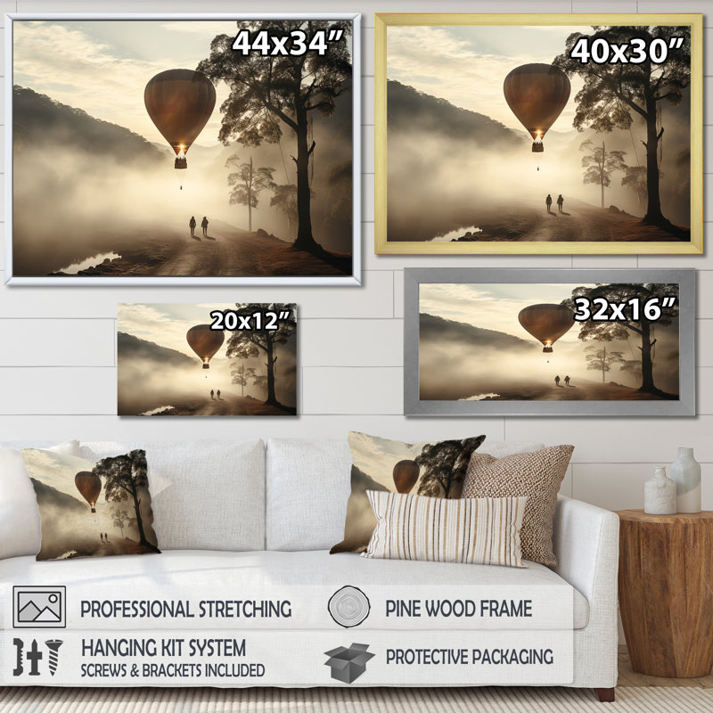 Brume de montgolfière sur toile, Cadre doré simple, H 16 po x l 32 po x P 1 po