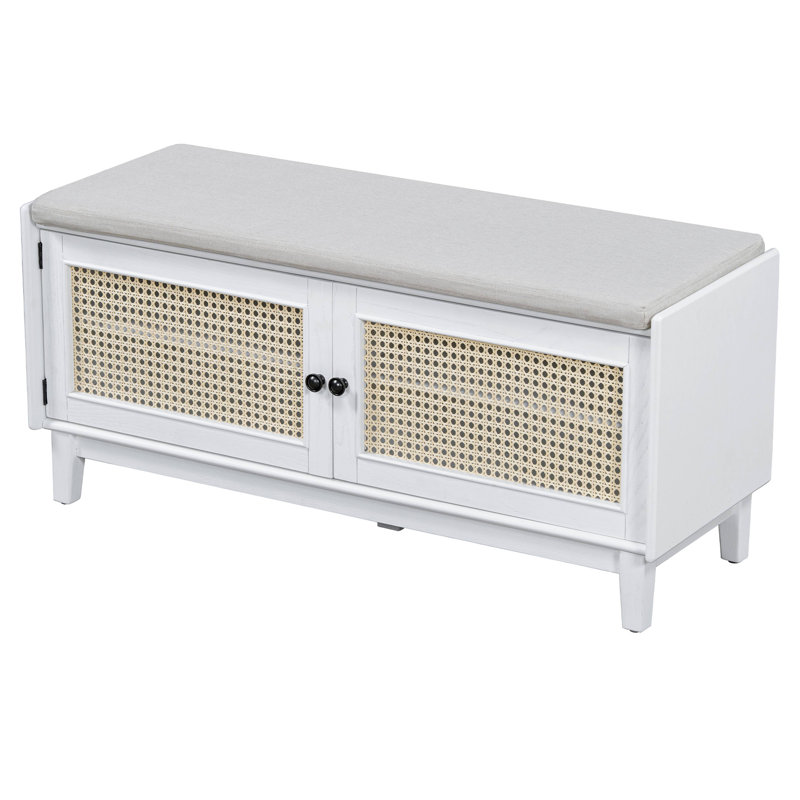 Rattan Entryway Bench With Storage, Cushioned Shoe Bench With Double Doors, Wooden Shoe Organizer Bench For Entryway And Hallway