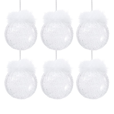 Christmas Clear Sugar Glass Ball Tree Ornaments with Feather Trim, Set of 6
