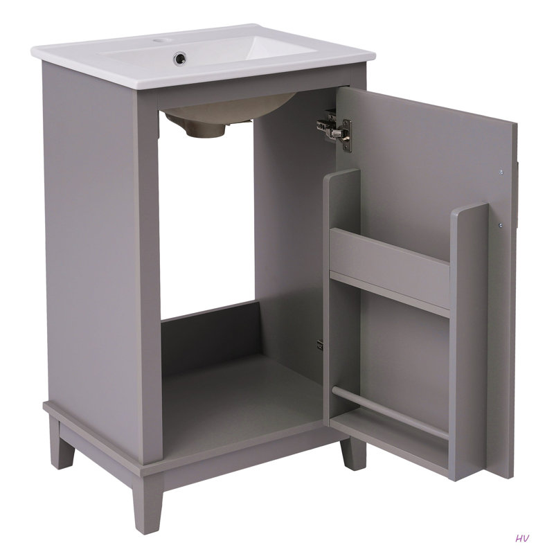 Petit meuble-lavabo moderne de 20 pouces avec lavabo en céramique - 20 * 14,5 * 33,3 pouces, rangement spacieux, 1 porte à fermeture en douceur