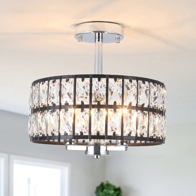 3-Light Crystal Ceiling Light Fixture Semi Flush Mount Chandelier with Drum Shade