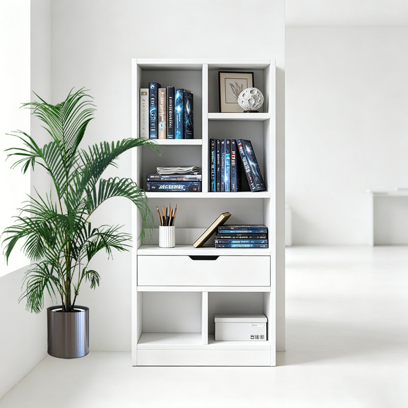 Bibliothèque en bois avec tablette ouverte de 51 pouces de hauteur avec 7 cubes et un tiroir, Blanc