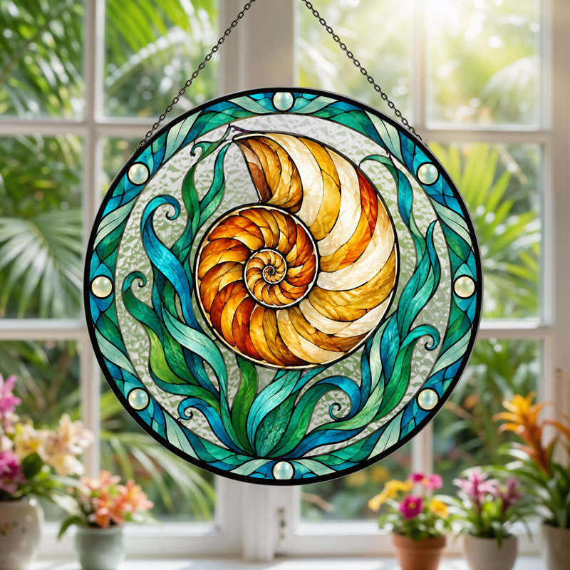 Art mural orange et blanc en toile de verre Nautilus, H 12 po