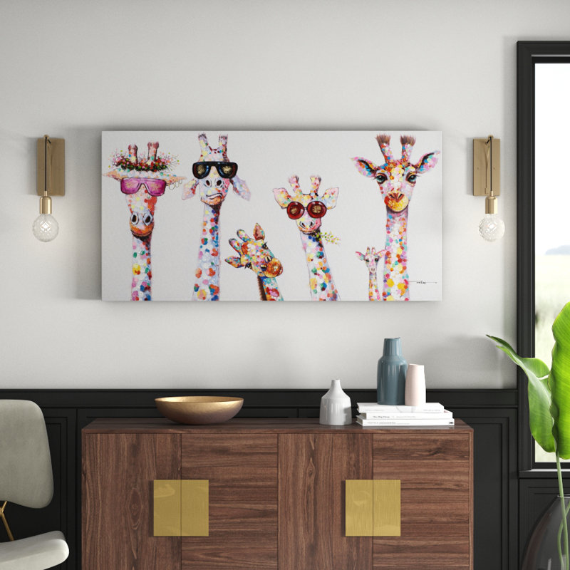 Curious Giraffe Family - No Frame Painting On Metall Folie, 70cm H x 140cm W x 4cm D