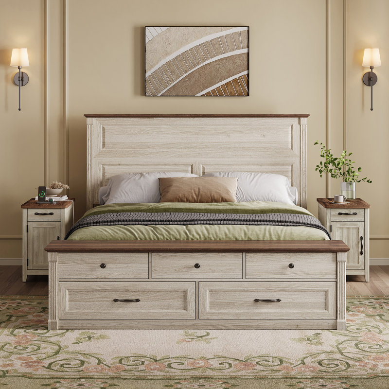 Farmhous Nightstands With Storage And Charging Station, Wood Door, Beige/Walnut