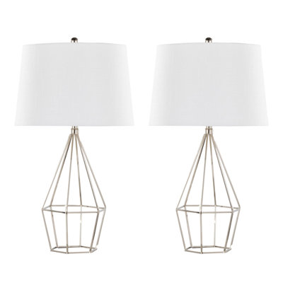 27" Contemporary Metal Table Lamp, Polished Nickel with White Linen Shade, Set of 2