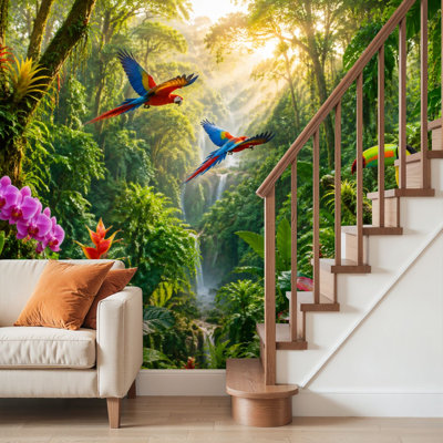 Papier peint adhésif pelez et collez, forêt tropicale vibrante, fleurs colorées, oiseaux exotiques, art mural auto-adhésif et amovible