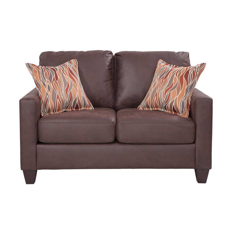 Brown Faux Leather Track Arm Loveseat with Removable Cushions